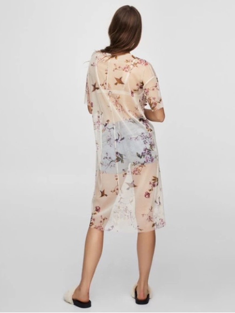 Pull&Bear Sheer Floral Ruffle Midi Dress in Blush and Pastel Blue